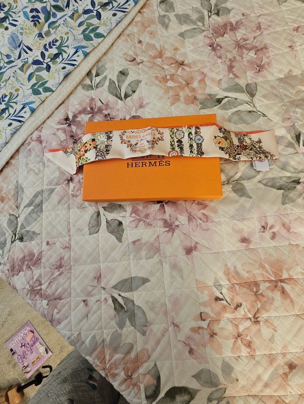 Hermes Orange and Red Silk Scarf with Floral Accent. 34" - Picture 5 of 5